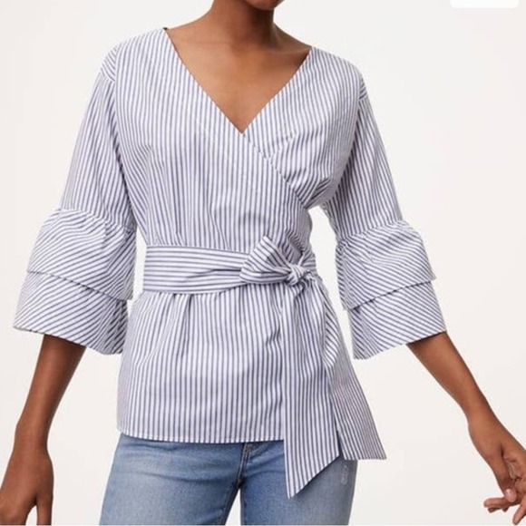 LOFT Tops - LOFT Striped Wrap Blouse Blue White Ruffle 3/4 Sleeve Cotton Top Sz XL
